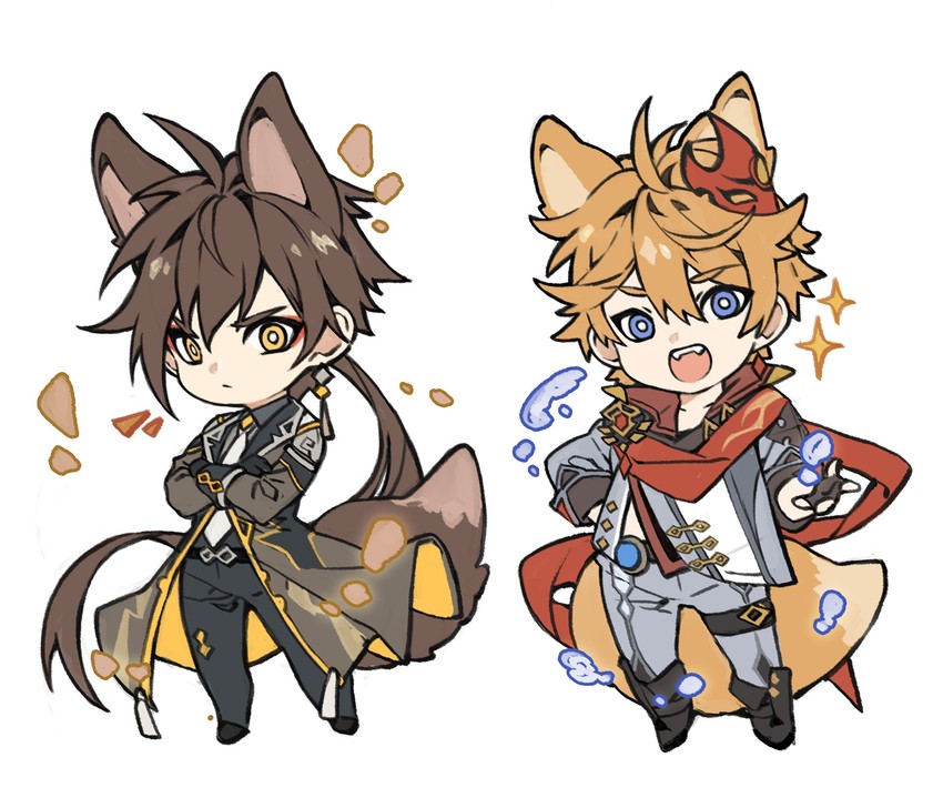 zhongli and tartaglia (genshin impact) drawn by papajay_(jennygin2)