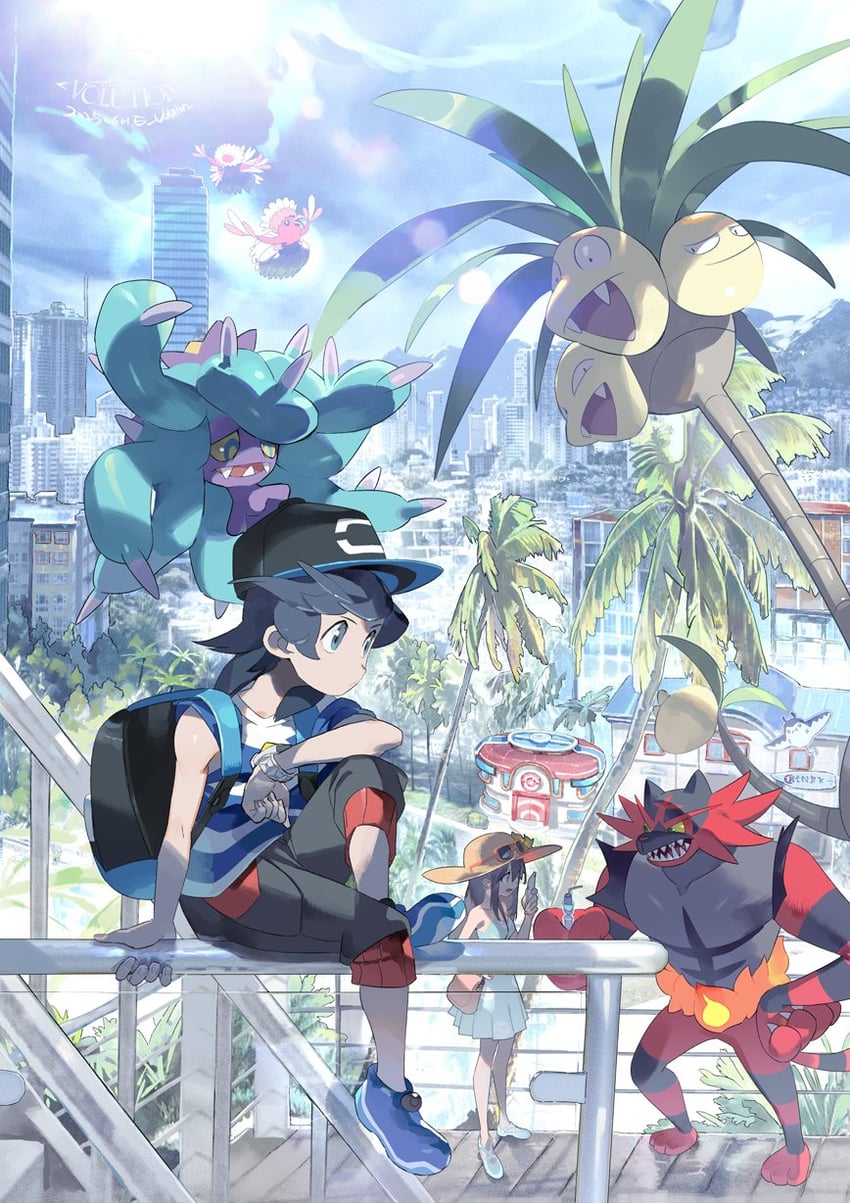 elio, incineroar, alolan exeggutor, oricorio, mantine, and 2 more (pokemon and 1 more) drawn by e_volution