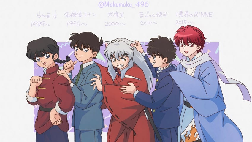 saotome ranma, inuyasha, kudou shin'ichi, kuroba kaito, yamaguchi kappei, and 1 more (ranma 1/2 and 4 more) drawn by myab5555