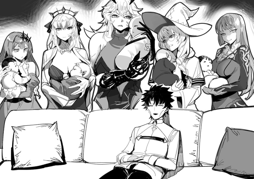fujimaru ritsuka, baobhan sith, morgan le fay, barghest, medb, and 2 more (fate and 1 more) drawn by wtlong_han