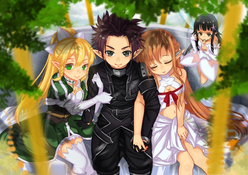 asuna, kirito, leafa, yui, and titania (sword art online) drawn by kikimi