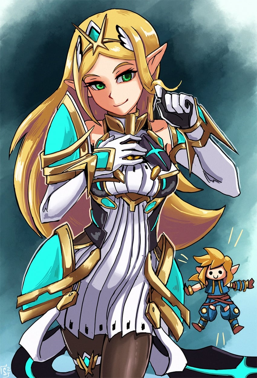 link, princess zelda, rex, and mythra (the legend of zelda and 4 more) drawn by stoic_seraphim