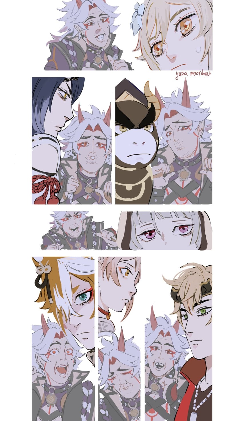 lumine, yoimiya, kujou sara, arataki itto, thoma, and 3 more (genshin impact and 1 more) drawn by yuramoonbow