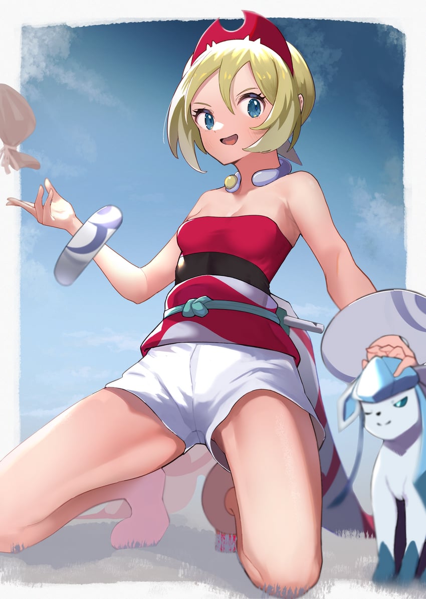 glaceon and irida (pokemon and 1 more) drawn by sansai_soba