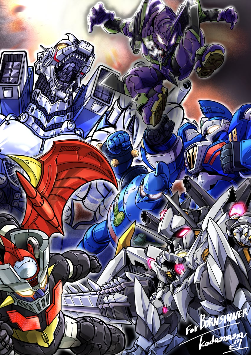 eva 01, mazinger z, mechagodzilla, tetsujin 28, kiryu, and 2 more (original and 10 more) drawn by yuzupapa