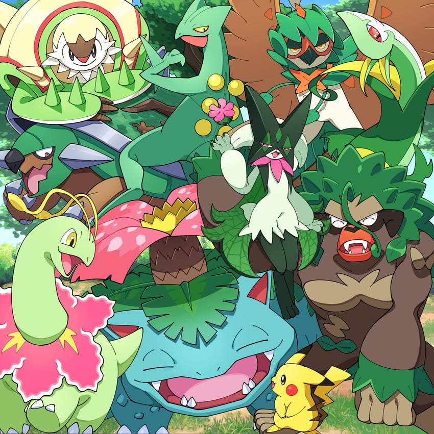 pikachu, meowscarada, venusaur, serperior, decidueye, and 5 more (pokemon) drawn by pon_yui