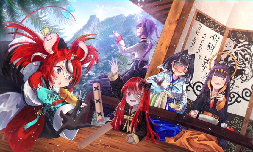 ninomae ina'nis, ouro kronii, tokoyami towa, hakos baelz, and kureiji ollie (hololive and 2 more) drawn by layer_(layer_illust)