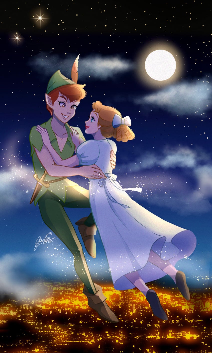 peter pan and wendy darling (walt disney's peter pan) drawn by moko_eaka