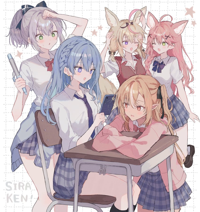 hoshimachi suisei, sakura miko, shirogane noel, shiranui flare, and omaru polka (hololive and 1 more) drawn by mametarou_(mameji)