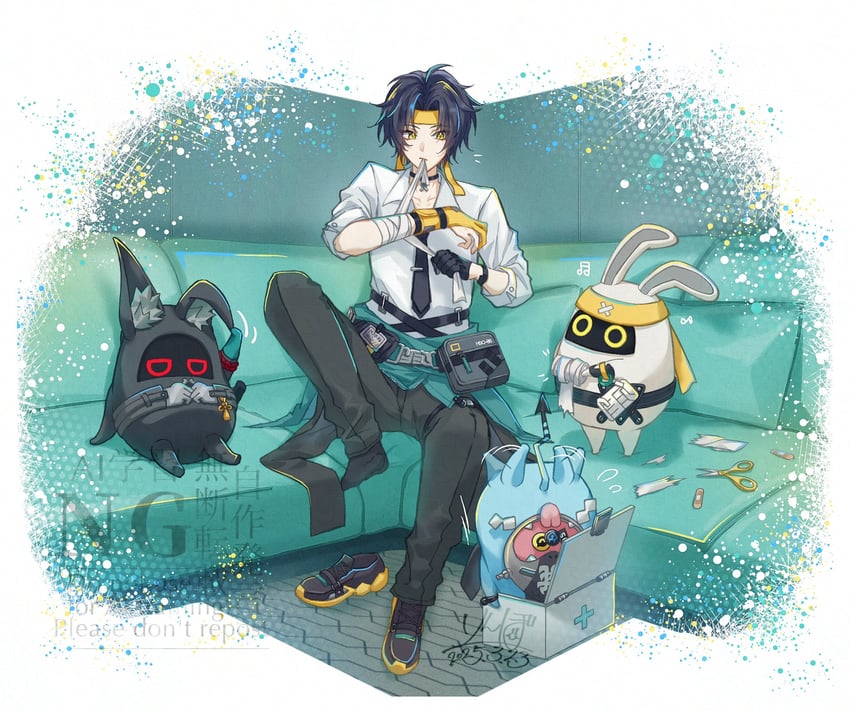 hoshimi miyabi, soukaku, asaba harumasa, asaboo, miyaboo, and 1 more (zenless zone zero) drawn by rinbo_7140