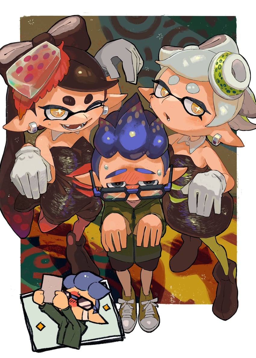 inkling player character, callie, marie, and inkling boy (splatoon) drawn by sanyu_uuu