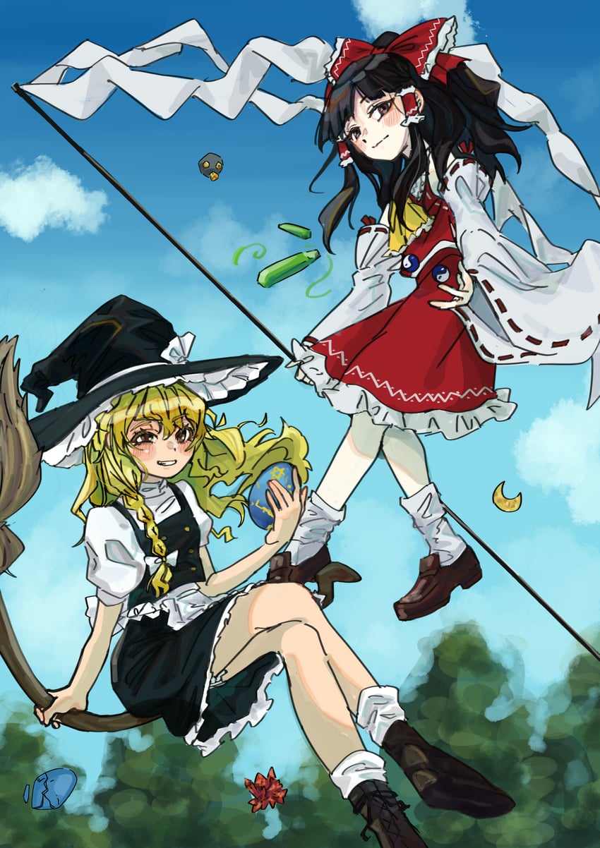 hakurei reimu and kirisame marisa (touhou and 1 more) drawn by yuke_yukima