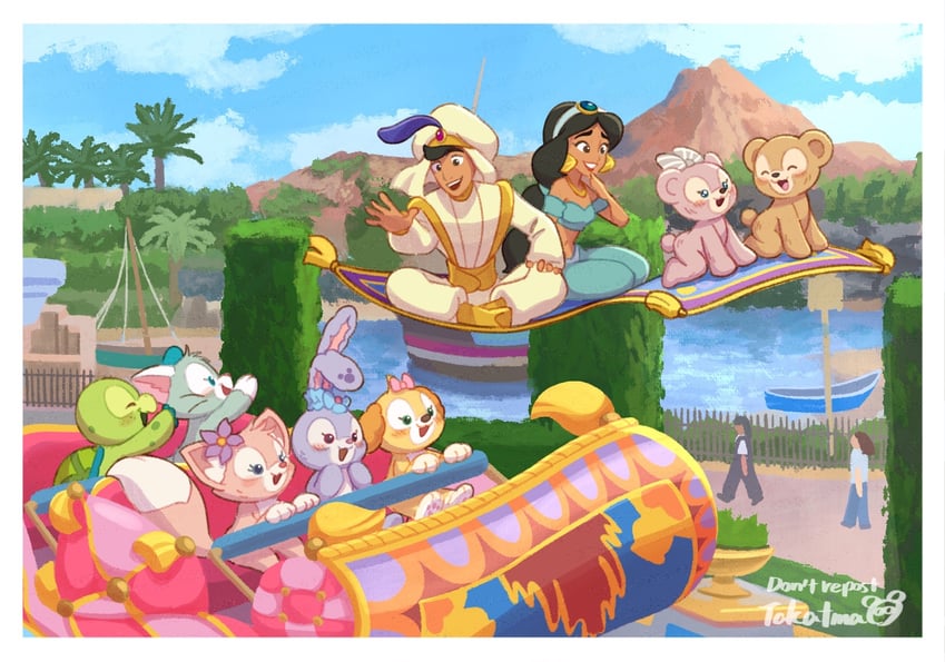 jasmine, duffy the disney bear, aladdin, shelliemay, stellalou, and 4 more (disneyland and 2 more) drawn by takatmaorange