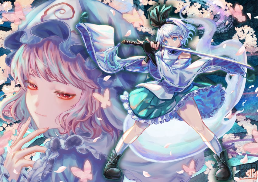 konpaku youmu and saigyouji yuyuko (touhou) drawn by kaibara_akehiko