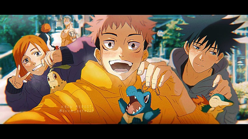 itadori yuuji, fushiguro megumi, kugisaki nobara, cyndaquil, chikorita, and 3 more (pokemon and 2 more) drawn by arashi_(boom_sate225)