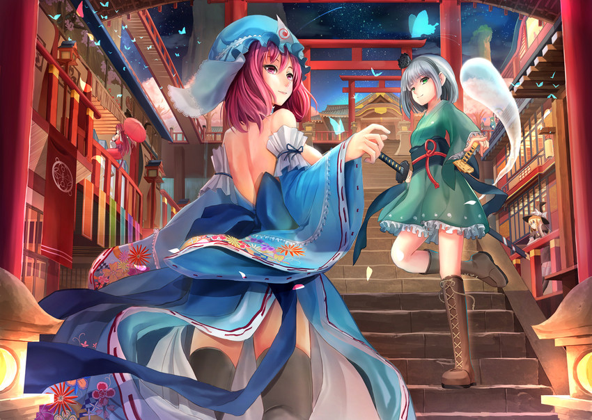 hakurei reimu, kirisame marisa, kochiya sanae, konpaku youmu, saigyouji yuyuko, and 2 more (touhou) drawn by rayxray