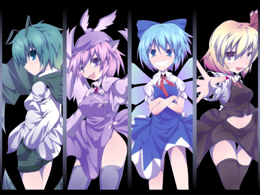 cirno, rumia, mystia lorelei, and wriggle nightbug (touhou) drawn by kuromiya