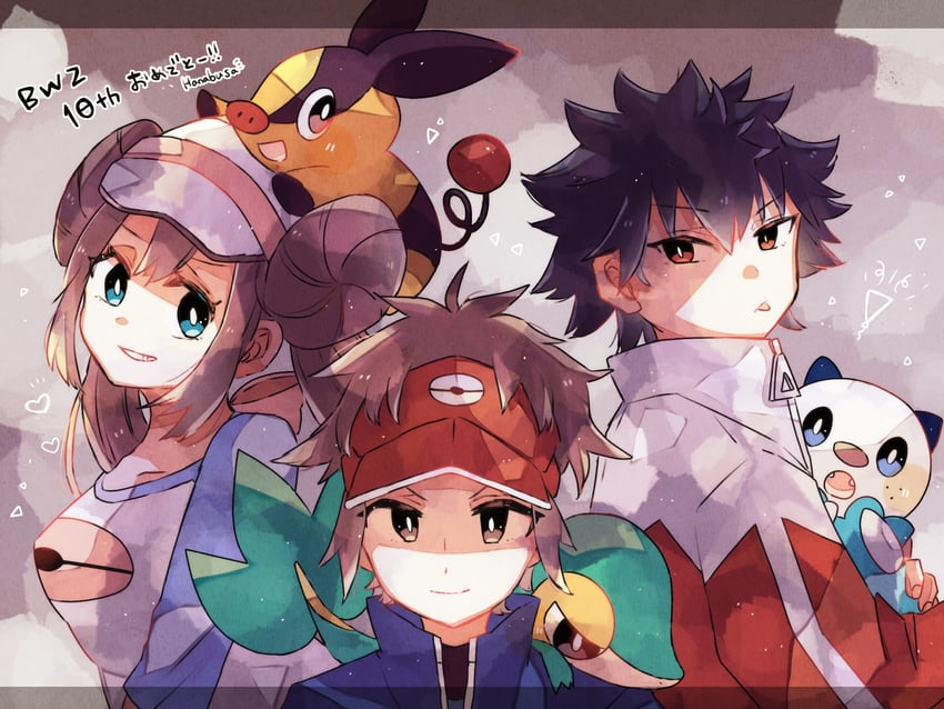 rosa, oshawott, tepig, nate, and hugh (pokemon and 1 more) drawn by hanabusaoekaki