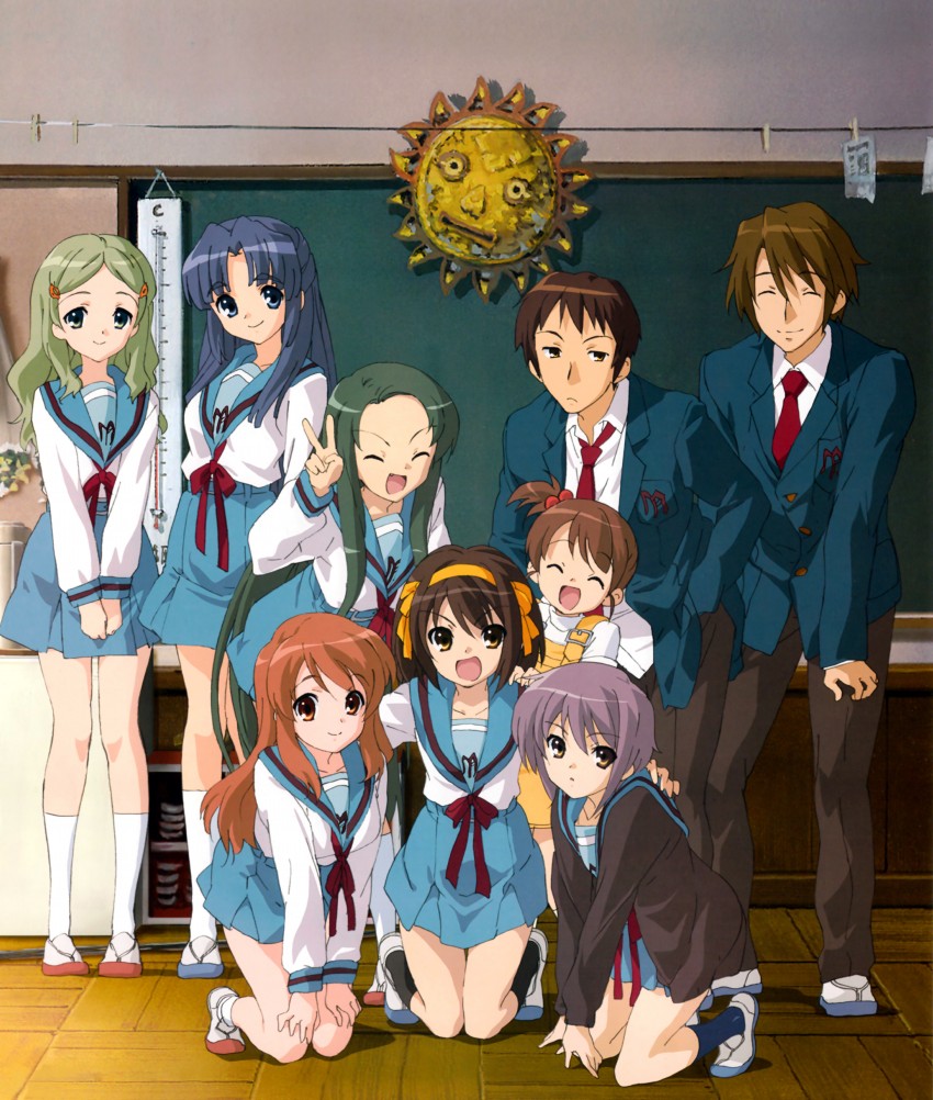suzumiya haruhi, nagato yuki, asahina mikuru, kyon, asakura ryoko, and 4 more (suzumiya haruhi no yuuutsu) drawn by nishiya_futoshi