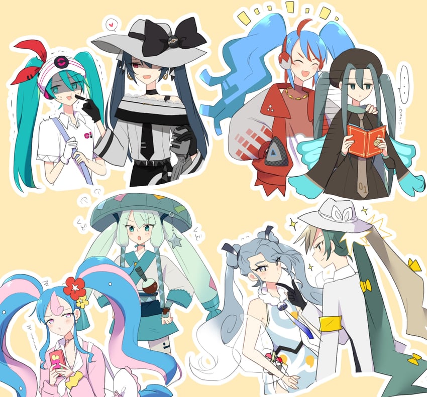 hatsune miku, fairy miku, psychic miku, dark miku, bug miku, and 4 more (pokemon and 2 more) drawn by ohn_pkmn