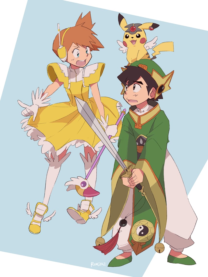 pikachu, kinomoto sakura, ash ketchum, misty, kero, and 1 more (pokemon and 1 more) drawn by rica_diaz