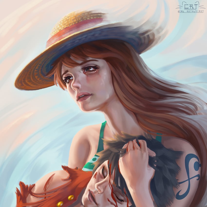 nami and monkey d. luffy (one piece) drawn by nyanenthusiast