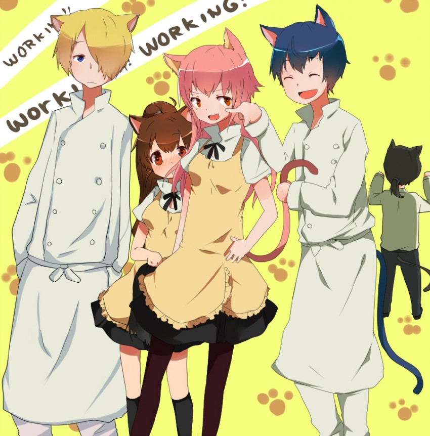 taneshima popura, satou jun, takanashi souta, souma hiroomi, and takanashi kotori (working!!) drawn by pun2