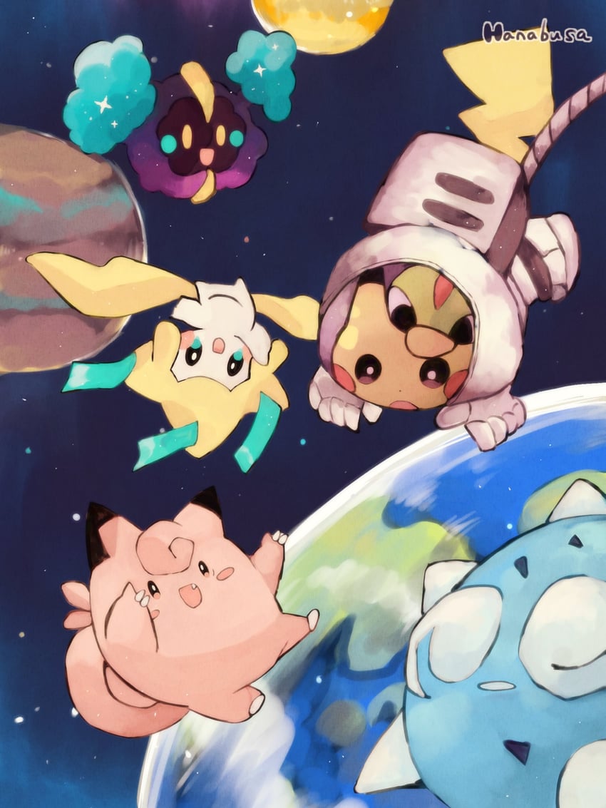 pikachu, jirachi, cosmog, clefairy, natu, and 1 more (pokemon) drawn by hanabusaoekaki