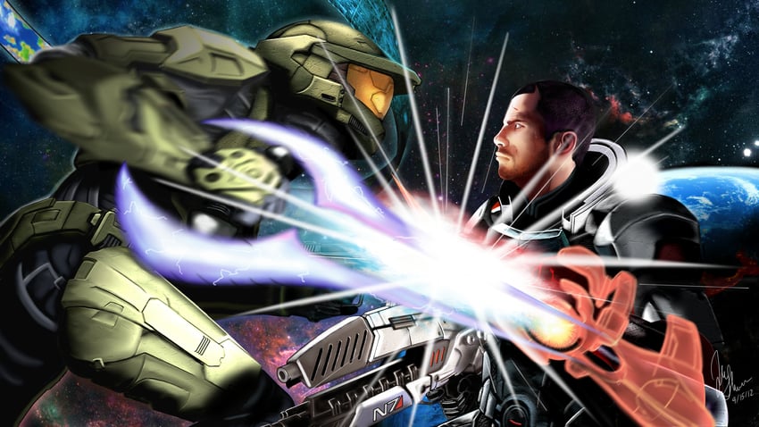master chief and commander shepard (halo and 1 more) drawn by some-bored-guy