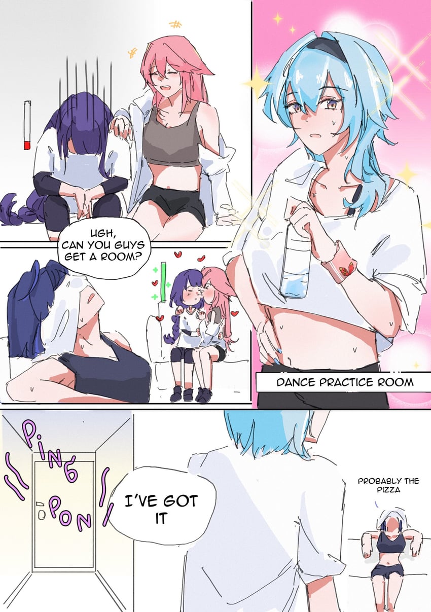 raiden shogun, yae miko, eula, and yelan (genshin impact) drawn by yaro_yk