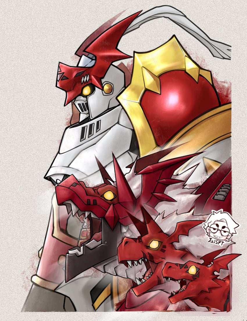 dukemon, guilmon, megalogrowmon, and growmon (digimon and 1 more) drawn by jaime_(jai_spt)