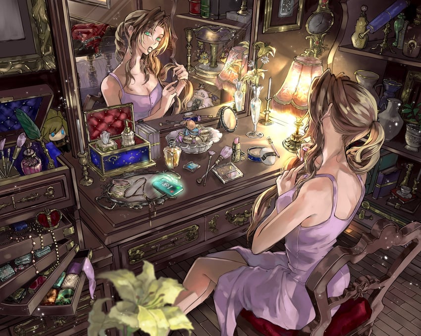 cloud strife, aerith gainsborough, and cait sith (final fantasy and 2 more) drawn by eni_(yoyogieni)