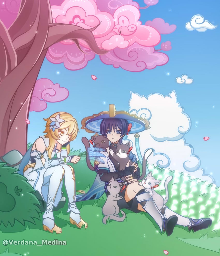 lumine, scaramouche, and wanderer (genshin impact) drawn by verdana_medina