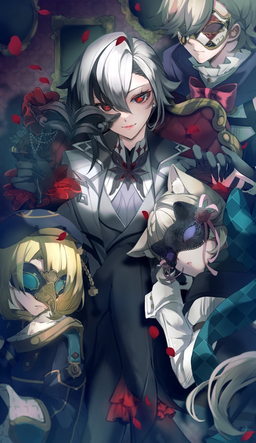 arlecchino, lynette, lyney, and freminet (genshin impact) drawn by naruka_(ynarukay)