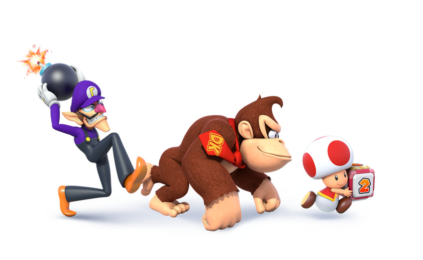 toad, donkey kong, red toad, waluigi, and bob-omb (mario and 3 more)