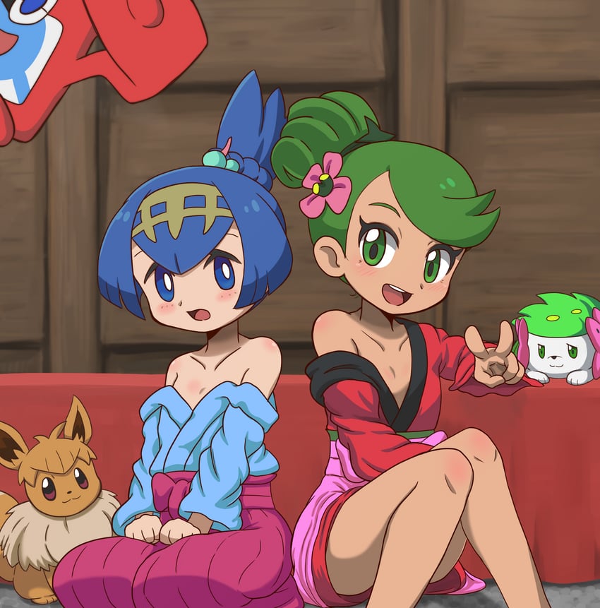 eevee, rotom, lana, mallow, shaymin, and 1 more (pokemon and 1 more) drawn by takamame