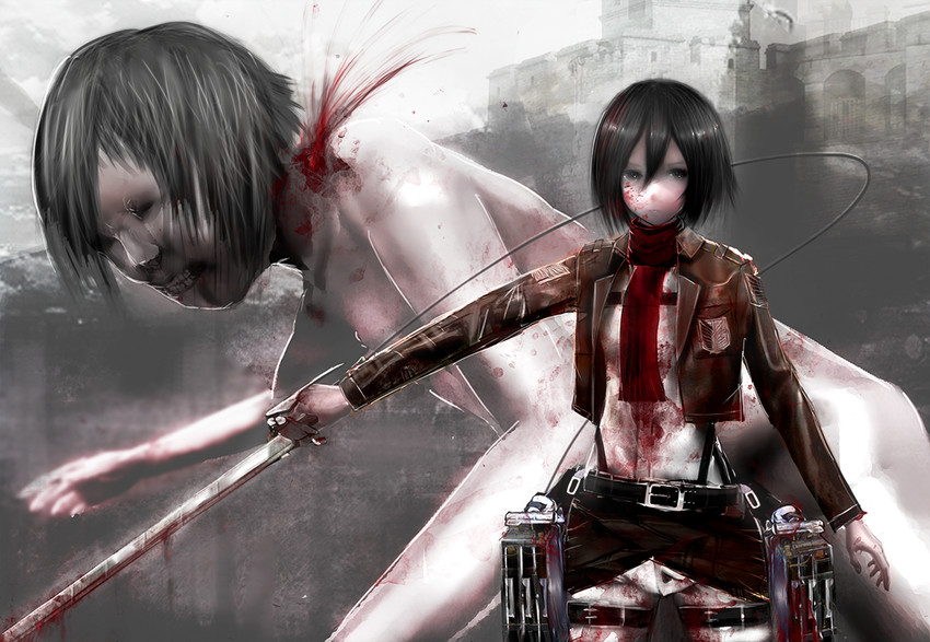 mikasa ackerman and titan (shingeki no kyojin) drawn by yuyu_(yuyuworks)