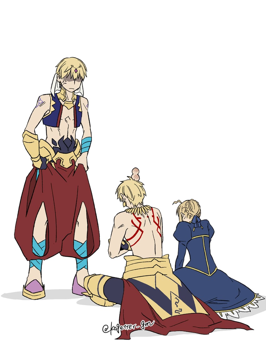 artoria pendragon, saber, and gilgamesh (fate and 1 more) drawn by moonlight_0423