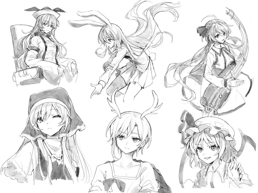 remilia scarlet, reisen udongein inaba, kicchou yachie, matara okina, haniyasushin keiki, and 1 more (touhou) drawn by maisuiren