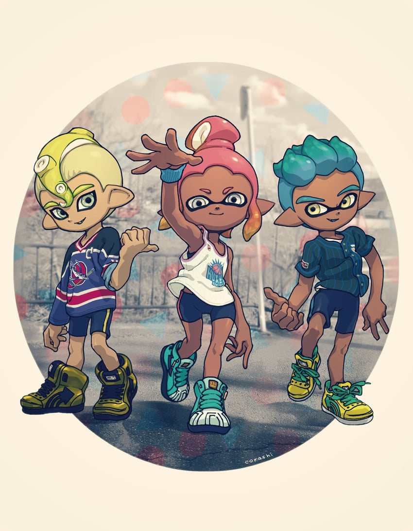inkling player character, inkling girl, octoling player character, inkling boy, and octoling boy (splatoon and 1 more) drawn by cokeshi