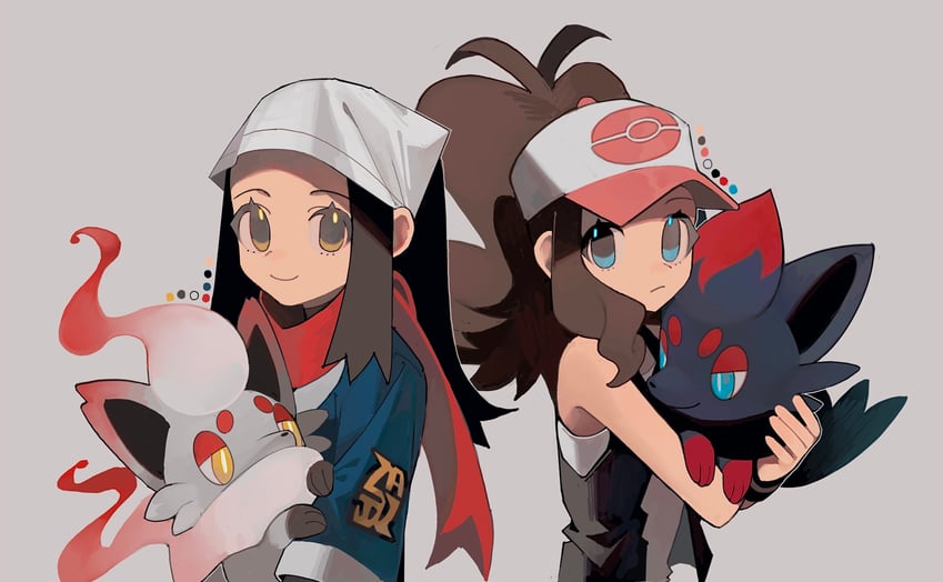 hilda, akari, zorua, and hisuian zorua (pokemon and 2 more) drawn by 950magi618