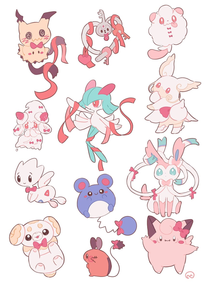 sylveon, kirlia, mimikyu, alcremie, clefairy, and 8 more (pokemon) drawn by momoniku100