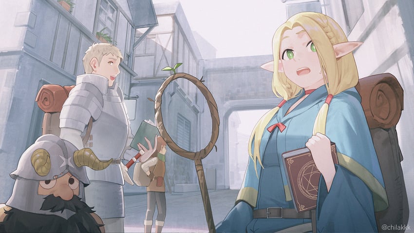 marcille donato, laios touden, senshi, and chilchuck tims (dungeon meshi) drawn by chilakkk