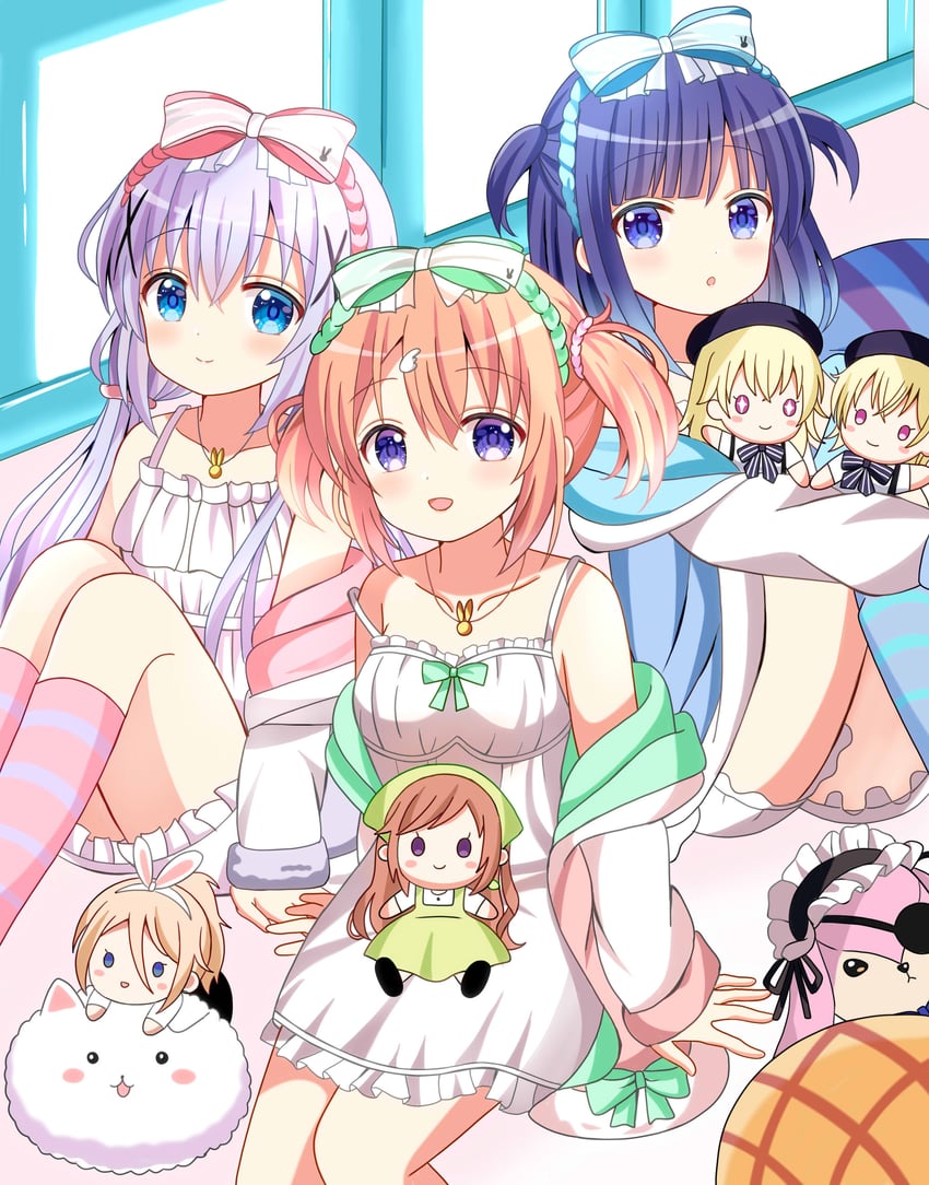kafuu chino, hoto cocoa, fuiba fuyu, aoyama blue mountain, hoto mocha, and 2 more (gochuumon wa usagi desu ka?) drawn by ryoutan