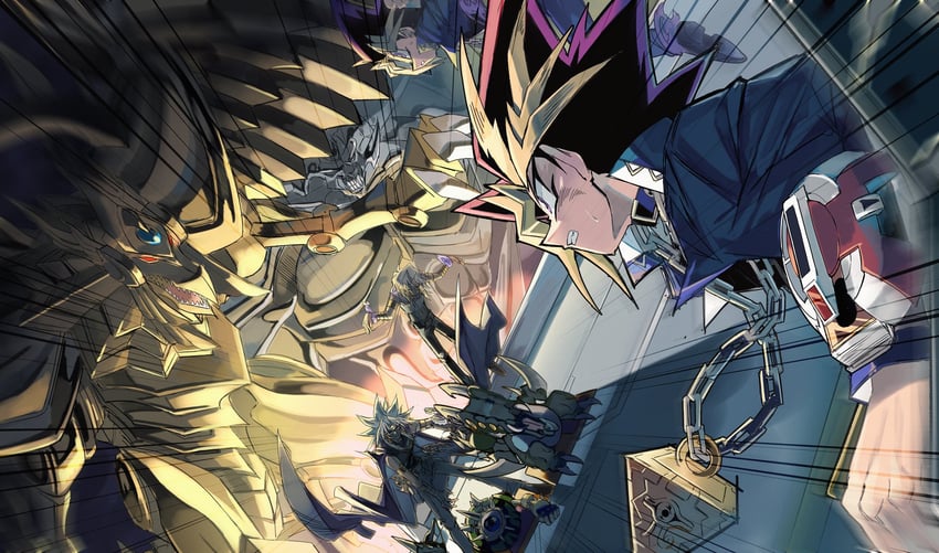 muto yugi, yami yugi, yami marik, marik ishtar, and the winged dragon of ra (yu-gi-oh! and 1 more) drawn by shi_(shooo_ttt)