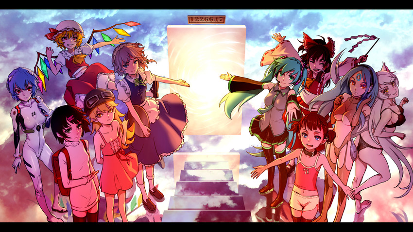 hatsune miku, hakurei reimu, flandre scarlet, izayoi sakuya, ayanami rei, and 3 more (original and 6 more) drawn by as109