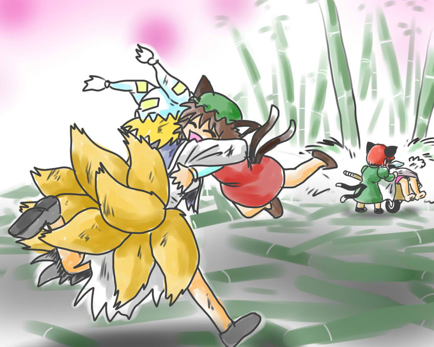 yakumo ran, kaenbyou rin, chen, and inaba tewi (touhou) drawn by bit_(kksbit)