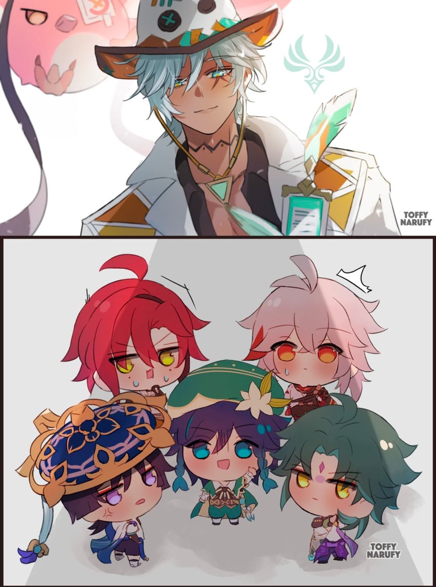 scaramouche, wanderer, venti, xiao, kaedehara kazuha, and 3 more (genshin impact) drawn by toffy_narufy