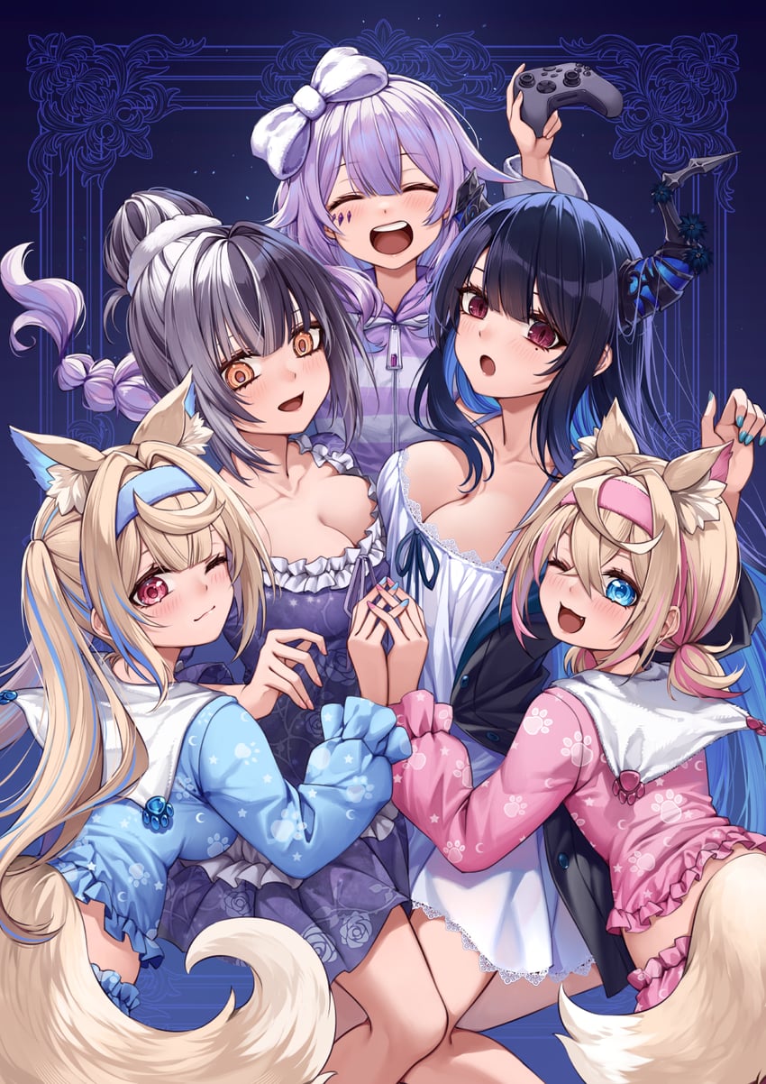 shiori novella, nerissa ravencroft, fuwawa abyssgard, mococo abyssgard, and koseki bijou (hololive and 1 more) drawn by curry_bowl