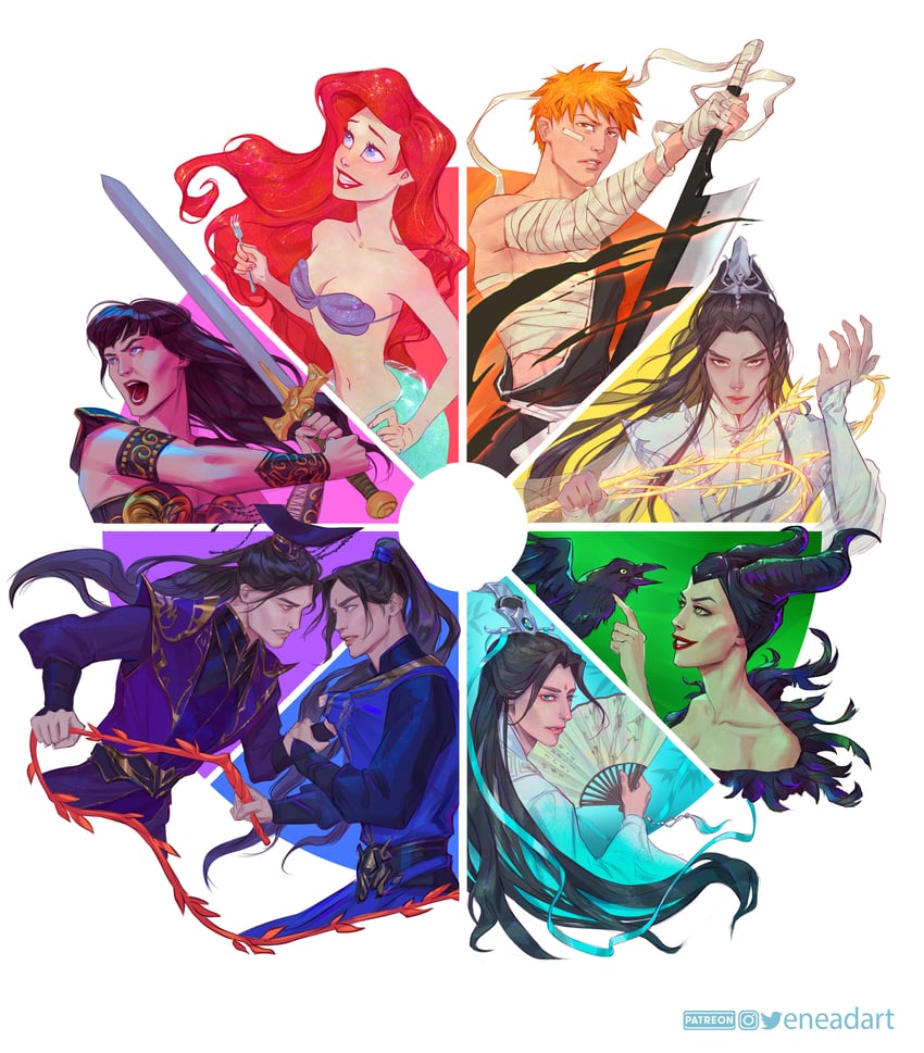 kurosaki ichigo, ariel, chu wanning, mo ran, shen qingqiu, and 3 more (bleach and 5 more) drawn by eneadart